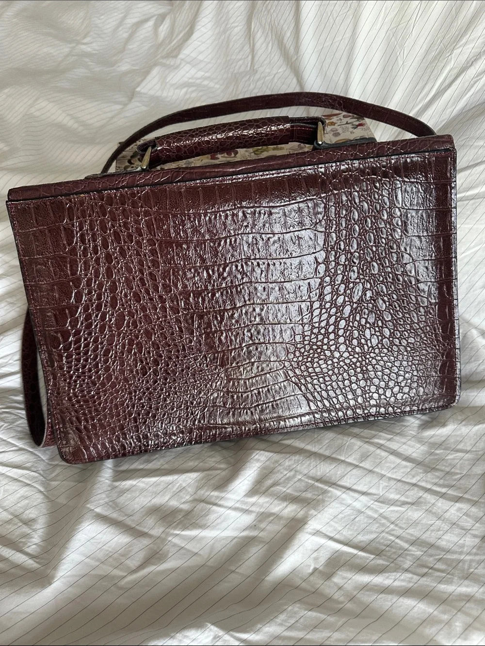 Vintage 70s/80s Croc Embossed Leather Top Handle Briefcase Satchel Oxblood Red
